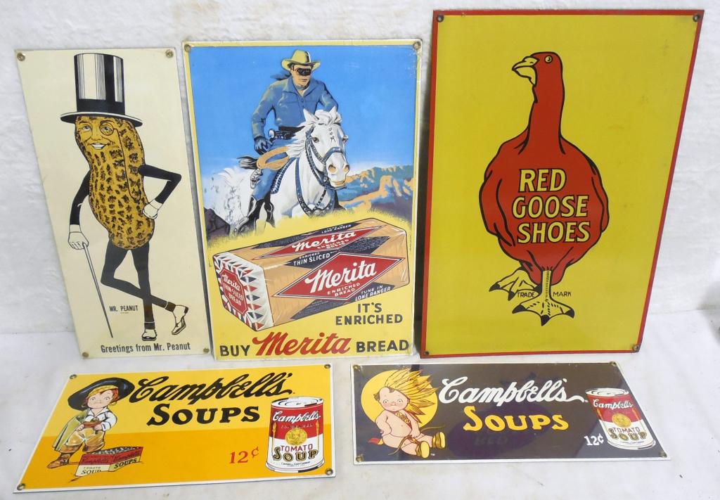 Lot of 5 Enamel Contemporary Signs Red Goose 12''x17''/: Red Goose 12''x17''/ Lone Ranger 10''x16''/Mr.Peanut 7'' x 16''/Soup 7''x13''/6''x14''