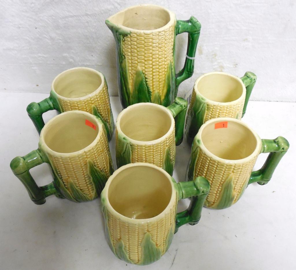 Corn Pottery Pitcher and 6 Mugs no chips - cracks: no chips - cracks Pitcher marked (52) 7 1/2'' / Mugs marked (46) 6'' tall Used as is see photos