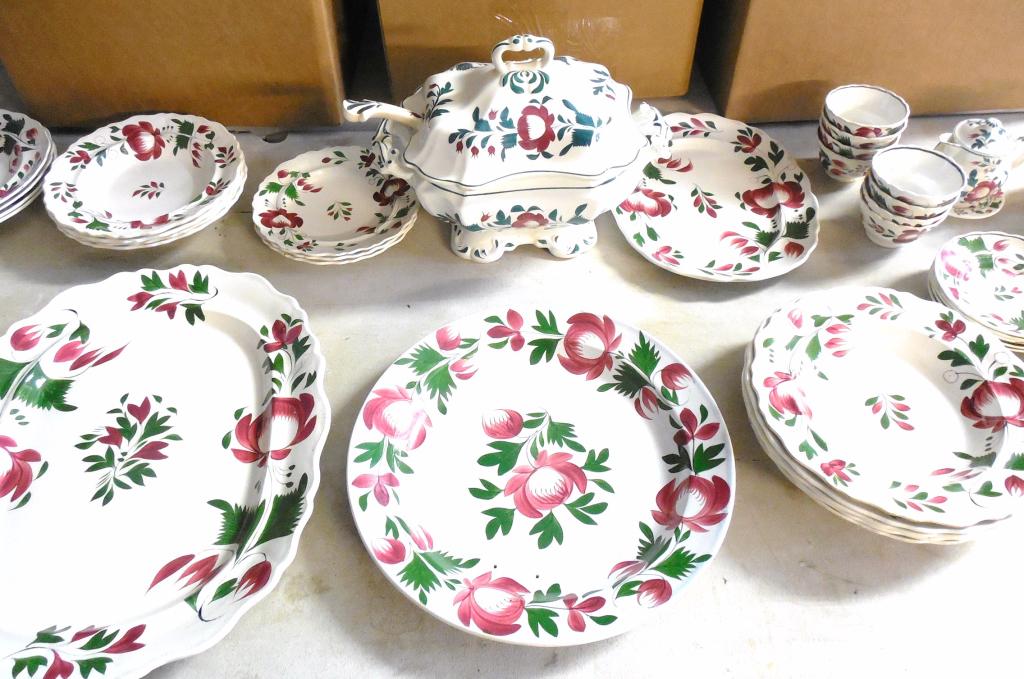 Lot of 50 Pieces Early Adams Rose no major chips ,: no major chips , cracks in Tureen, master salt, small teapot is chipped on spout see photos Used as is see photos