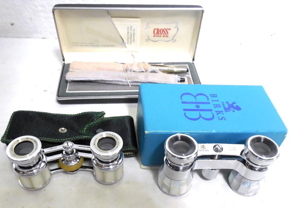 Pair of Birks Opera Glasses / Sterling Cross Set opera: opera glasses have mother of pearl inlay / pen and pencil Sterling Used as is see photos