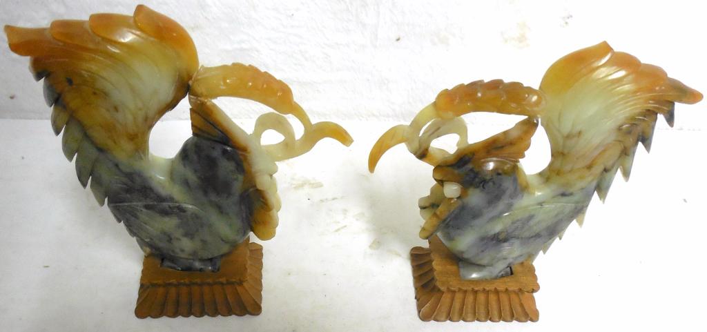 Pair of Carved Soapstone Roosters China , wood bases on: China , wood bases on is as is piece broken off see pictures