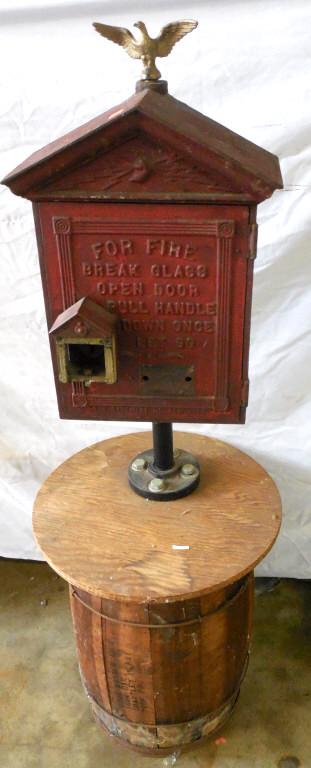 Vintage Firebox Mounted on Nail Keg 4 Ft. Tall Used as: 4 Ft. Tall Used as is see photos Long & Heavy Pickup only