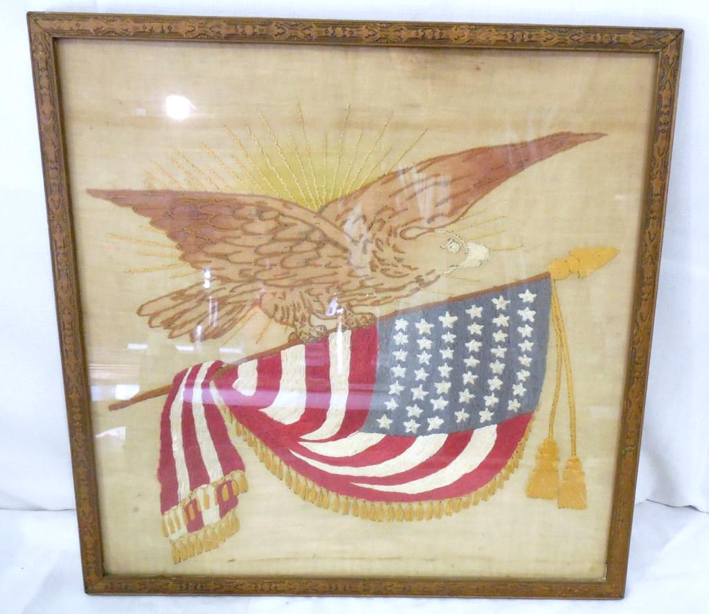 Hand Embroidered Eagle on 42 Star Am. Flag 19'' x 19'': 19'' x 19'' Used as is see photos