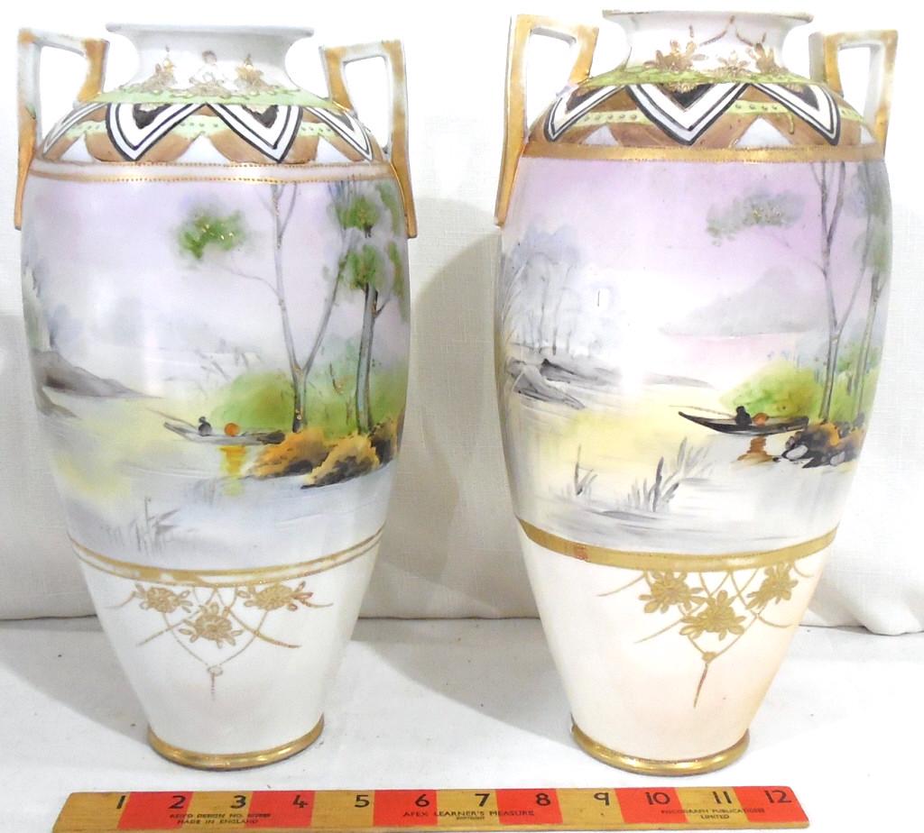 Pair of Nippon Hand Painted Vases signed ESO 12'' Used: signed ESO 12'' Used as is see photos
