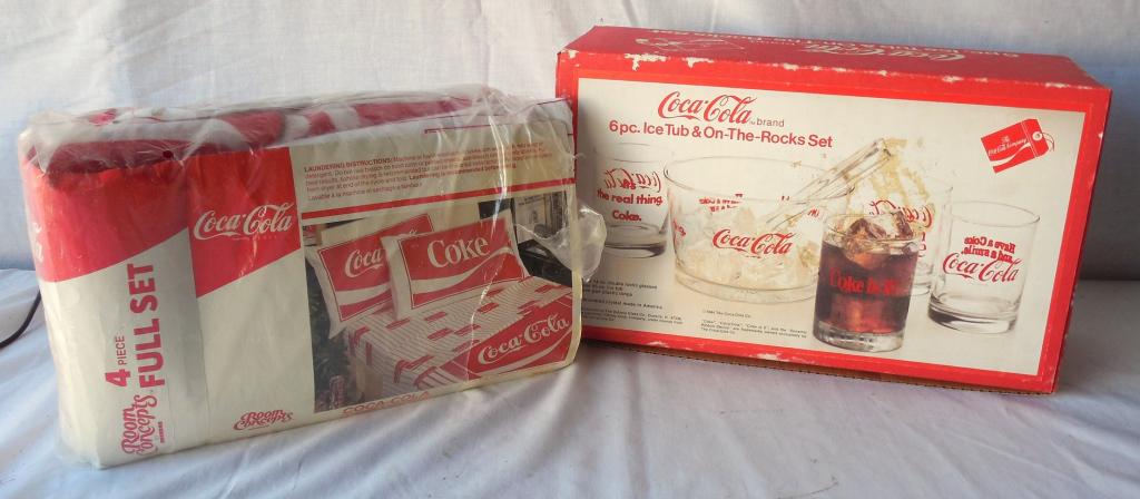 Coca-Cola lot--4 pc. Full Sheets/ Ice Tube and On Rocks: On Rocks set--missing tongs--see photos