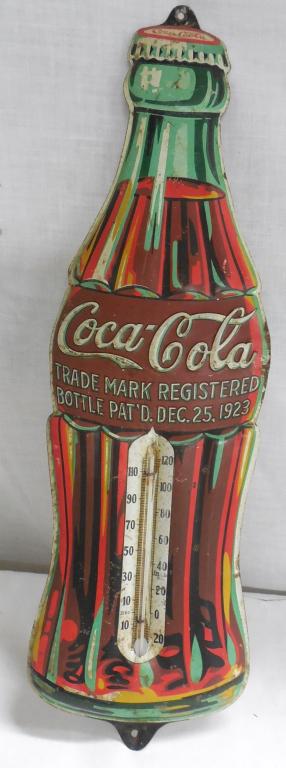 Tin Coca-Cola Thermometer -Thermometer intact Paint has: Paint has some pitting and rust-as is--see photos-16 1/2 inches tall