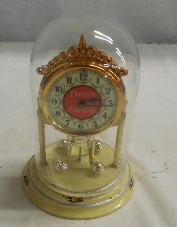 Coca-Cola Miniature Anniversary Clock Western Germany,: Western Germany, glass dome, over wound does not run as is see photos