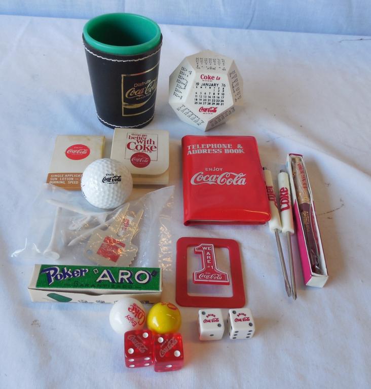 Mixed Lot of Coke Items Golf/Dice/ Marbles Etc. see: see photos