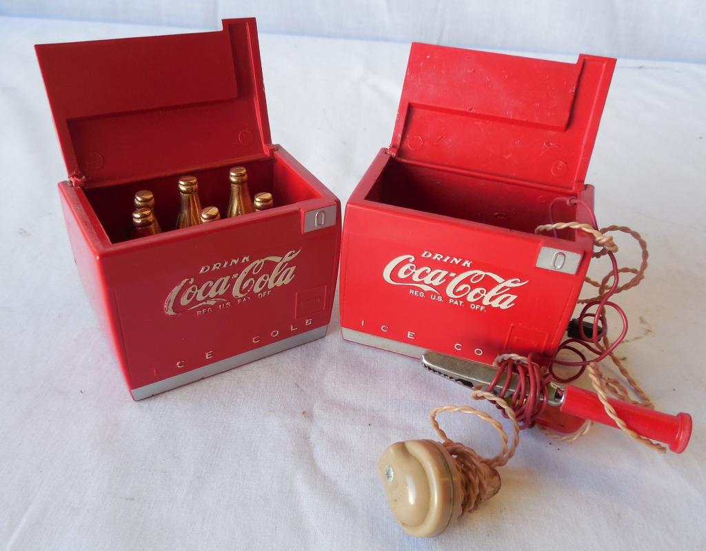 Pair of Coca- Cola Mini Coolers Bott;es/. Radio(?) 50th: 50th Anniversary bottles / not sure what other item is has earphone