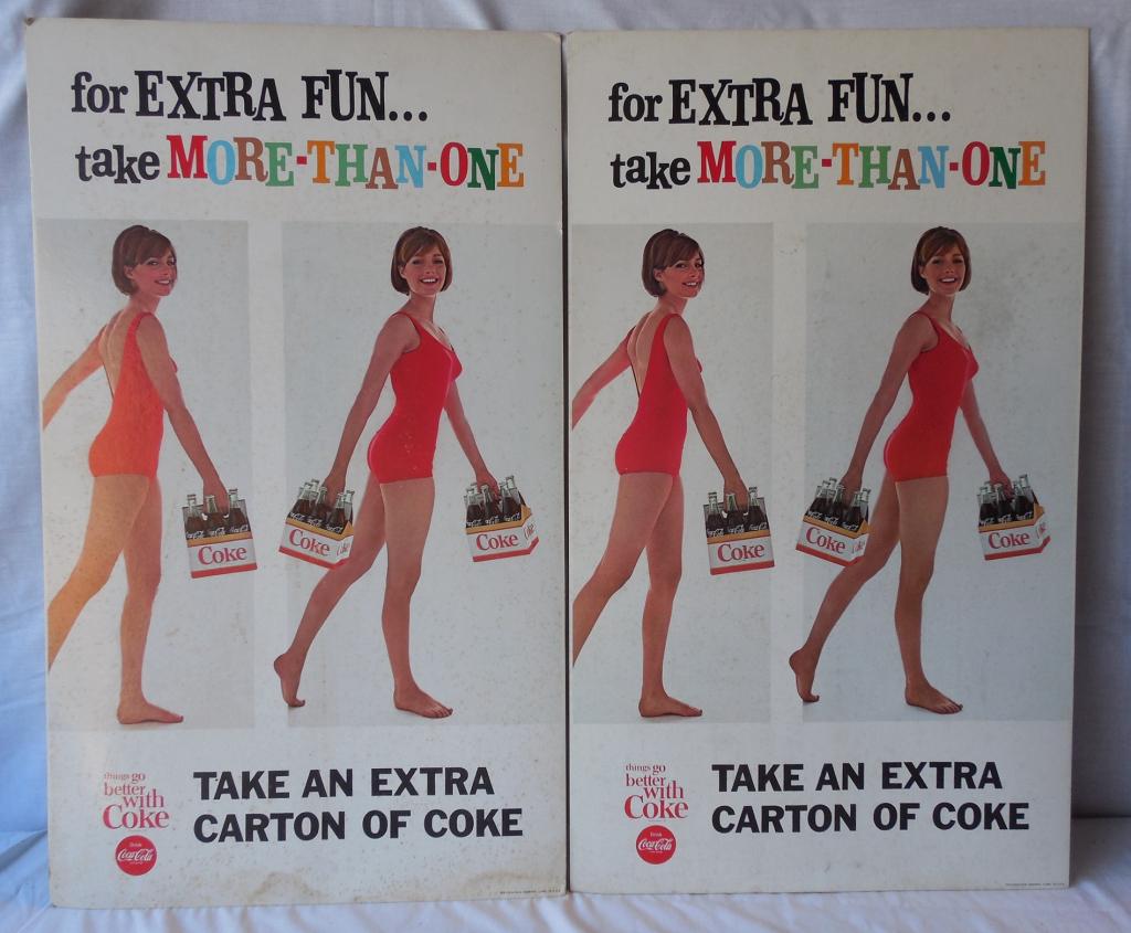 Pair of Coke Cardboard Signs Girl Swimsuit Coke 18'' x: 18'' x 24'' spotty see photos