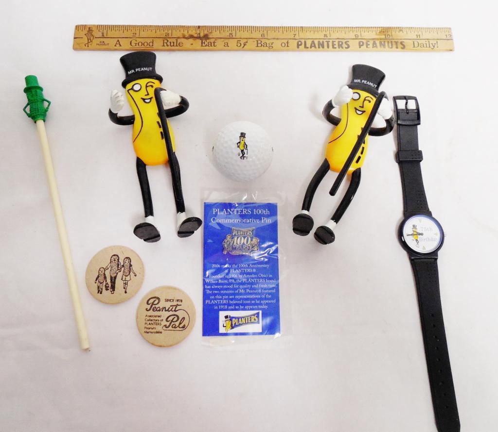 9 item assorted Planters lot golf ball, ruler, watch,: golf ball, ruler, watch, pencil topper, (2) plastic figurines, (2) wooden tokens, commemorative pin