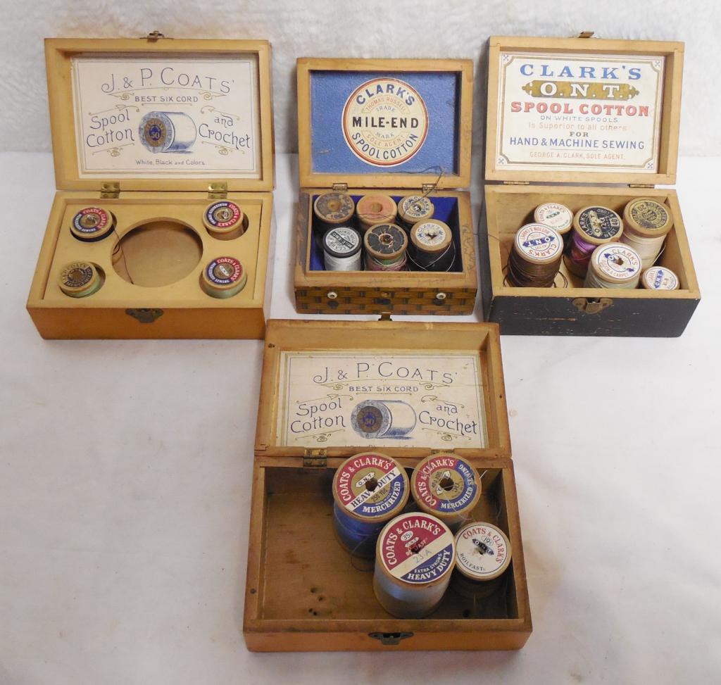 Lot of 4 Wooden Clarks Thread Boxes see photos for (1 of 2)