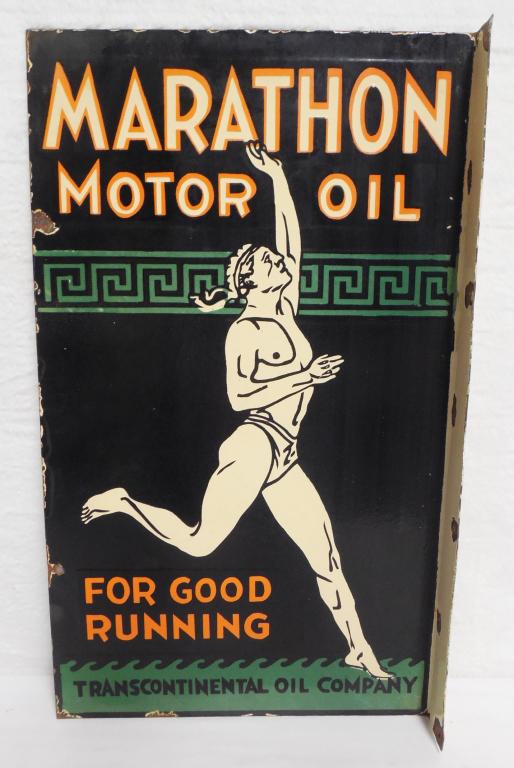 Porcelain 2 sided Marathon Motor oil sign some wear at (1 of 3)