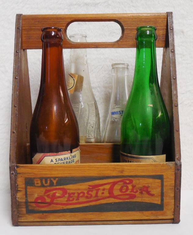 Pepsi Cola wooden carrier w/ 4 bottles 3 Pepsi Cola (1 of 6)