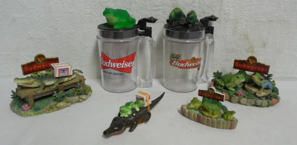 6 Budweiser figures magnets, 2 plastic beer steins, & (1 of 5)