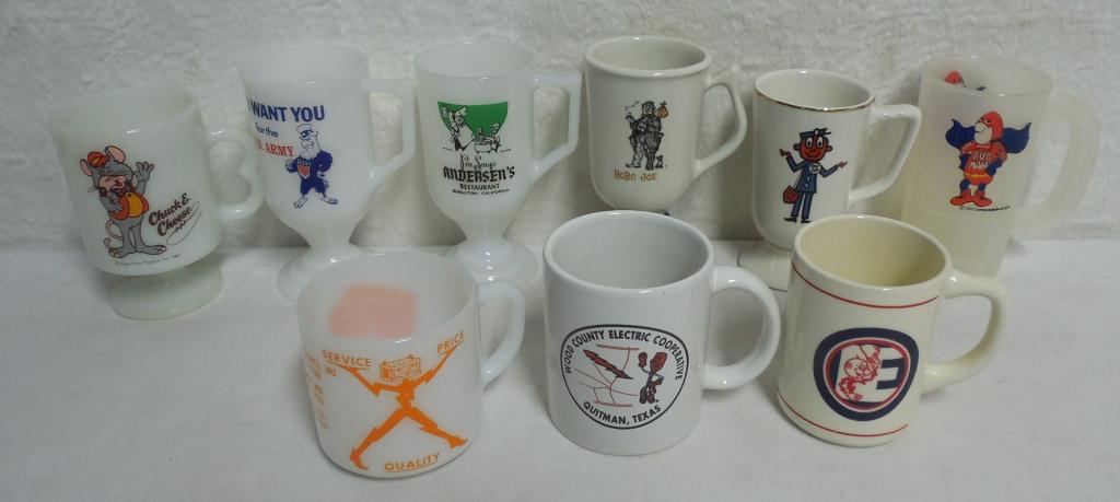 9 assorted mugs & coffee cups Chuck E Cheese, Ready: Chuck E Cheese, Ready Kilowatt, US Mail, all are glass except Bud Man which is plastic
