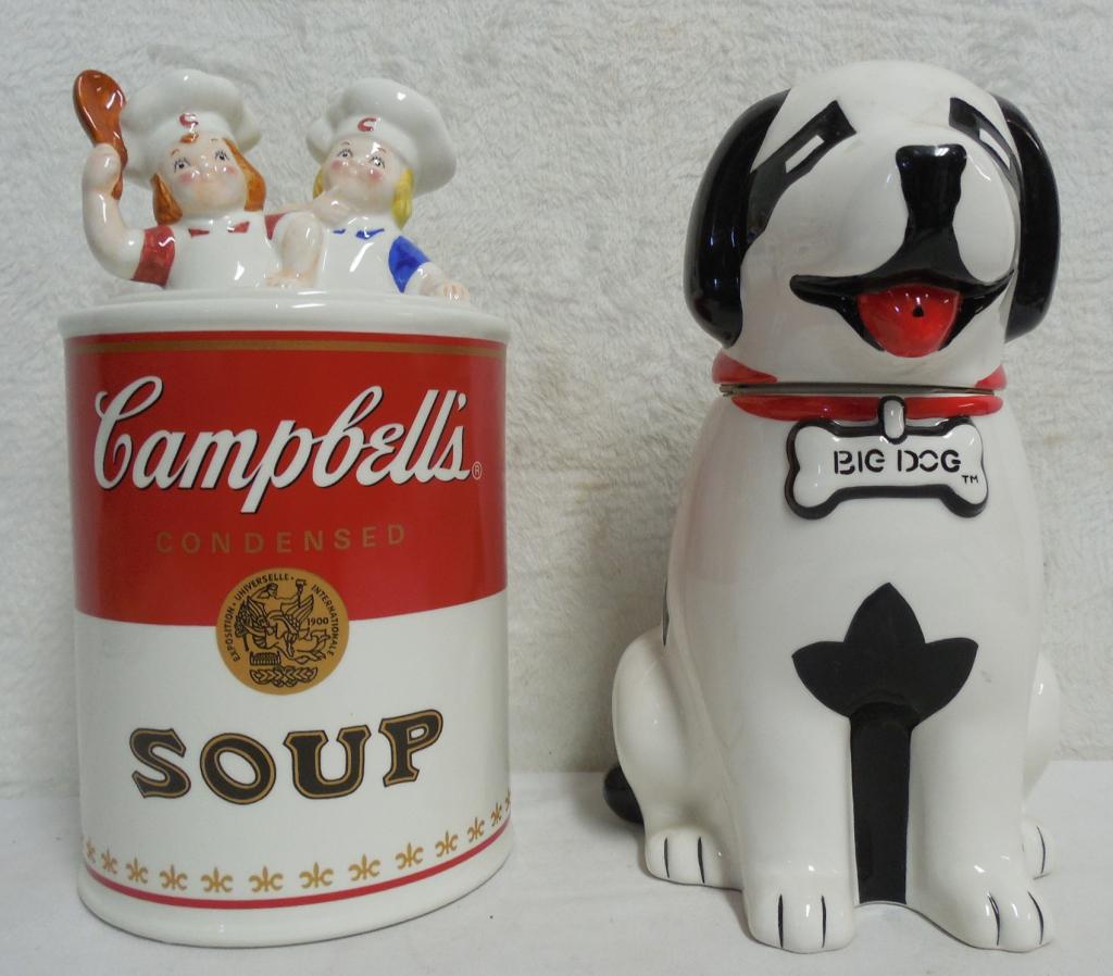 2 Cookie Jars, Campbell Soup & Big Dog glass, good (1 of 2)
