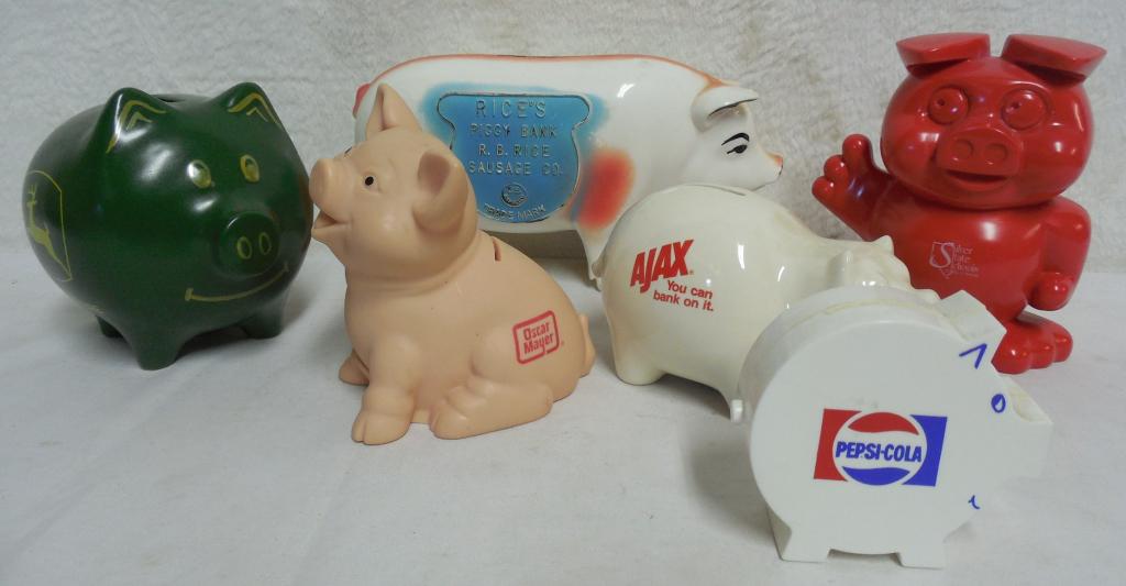 lot of 6 pig banks Oscar Meyer, John Deere, R.B. Rice: Oscar Meyer, John Deere, R.B. Rice Sausage Co., Ajax, Pepsi, Silver State Schools, some are plastic, some are glass