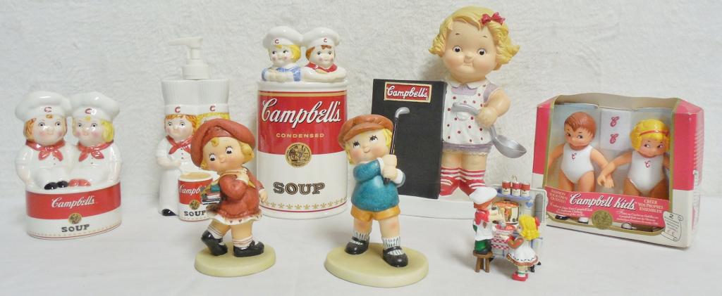 8 assorted Campbell Soup items soap dispenser, bank, (1 of 7)