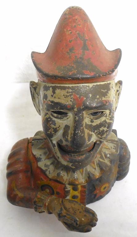 Cast Iron Mechanical Bank Clown / Jester paint loss , (1 of 3)