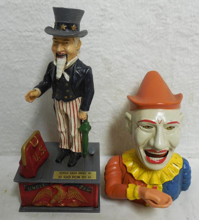 Lot of 2 Cast Iron Banks Uncle Sam/Clown Jester Book of (1 of 4)