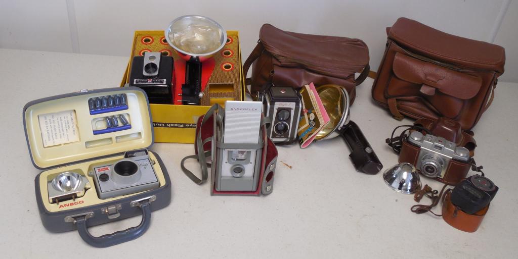 assorted cameras, light meter, flash Kodak, Ansco, & (1 of 4)