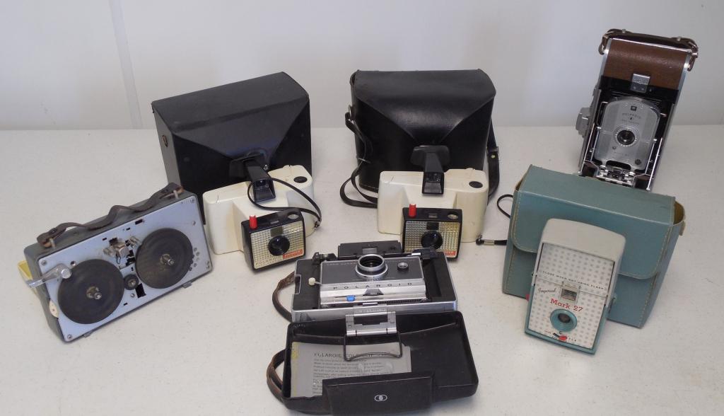 assorted cameras, cases, & tape recorder Polaroid, (1 of 7)