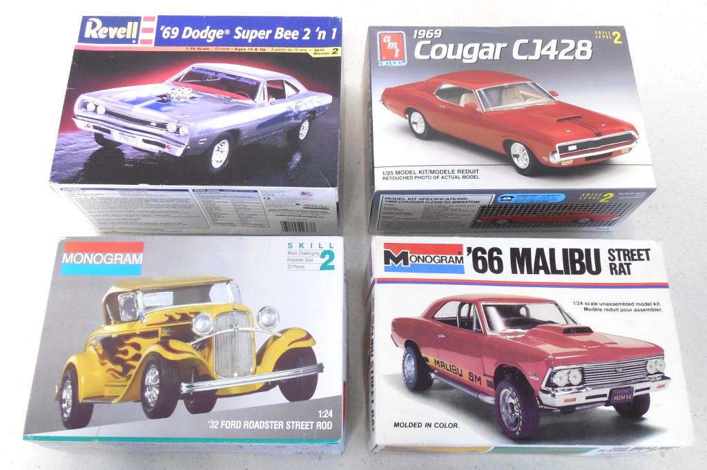 4 model kits AMT 1969 Cougar CJ428, Monogram '66 Malibu (1 of 5)