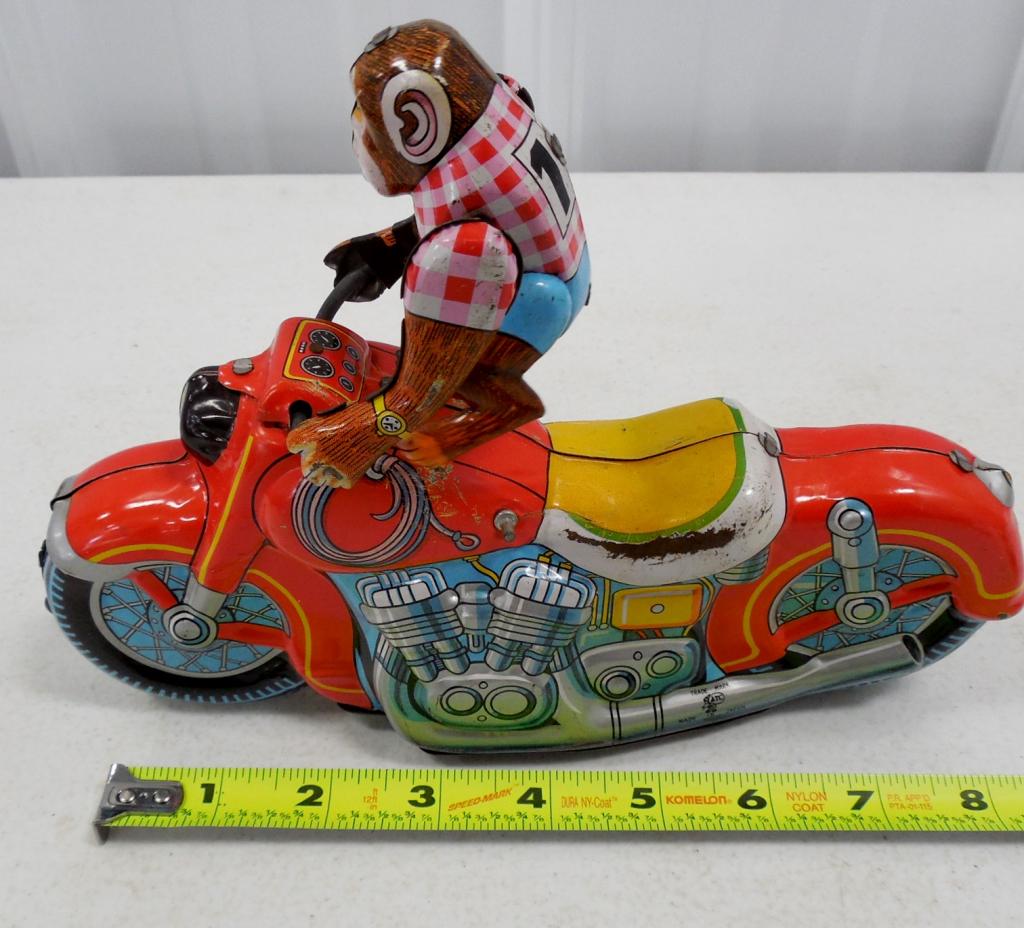 Tin Friction Toy Monkey on Motorcycle some wear on seat (1 of 6)