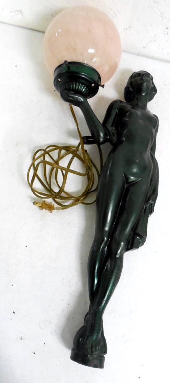 Painted Pot Metal Nude Lamp with Pink Shade missing a: missing a base and untested