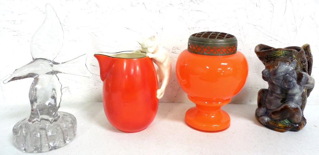 Assorted Lot Flower Frogs/ Pitchers orange glass frog: orange glass frog possibly Czech