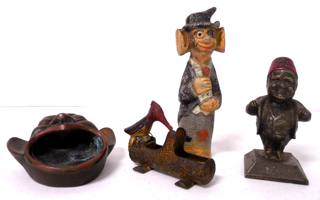 lot of 4 metal figures toothpick holder, ashtray &: toothpick holder, ashtray & others