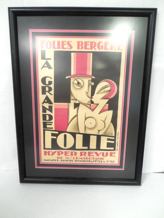 Framed Foiles-Bergere La Grand Foile advert. water: water damage on back of frame, 21 1/2" wide X 29" tall