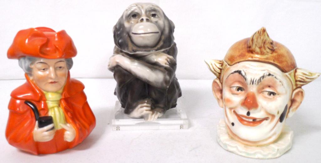 3 Tobacco jars chips on ape & clown, Bavaria marked on: chips on ape & clown, Bavaria marked on man, Royal Bayreuth Bavaria marked on ape