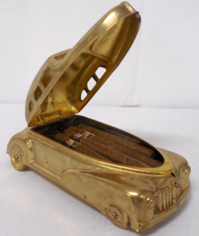 car cigar holder w/ cigars car is tarnished and shows a: car is tarnished and shows a lot of wear, cigar label says Burt Gold Dominican Republic