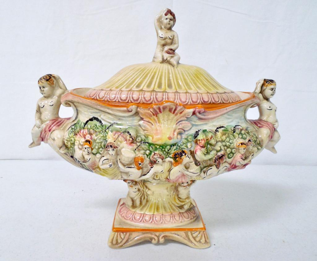 Capodimonte tureen 14" tall X 15" wide, cherubs feet: 14" tall X 15" wide, cherubs feet are rough on both handles