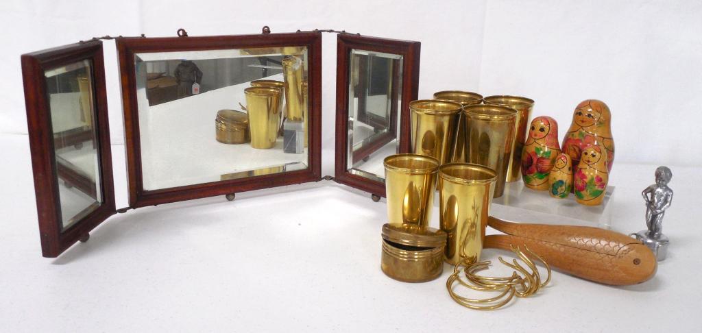 Nesting dolls & cups, mirror, nutcracker, & others 1958: 1958 peeing boy wine stopper Bruxelles Souvenir, cups are marked Thermocup and all 4 cups can be combined together to form one cup, dent on bottom cup