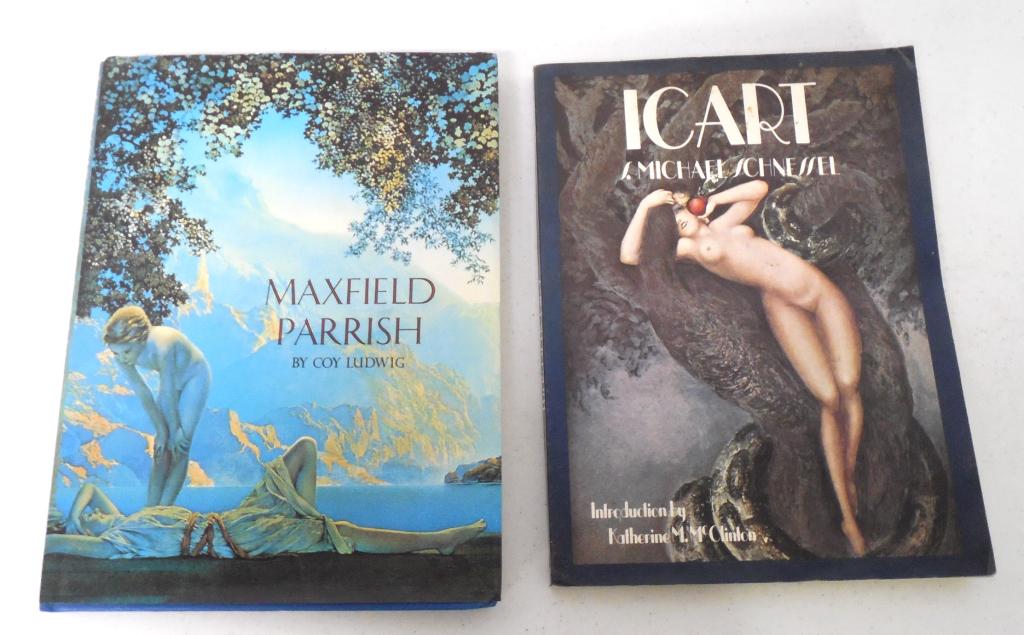 2 books - Icart & Maxfield Parrish some water damage on: some water damage on Icart, both show some wear