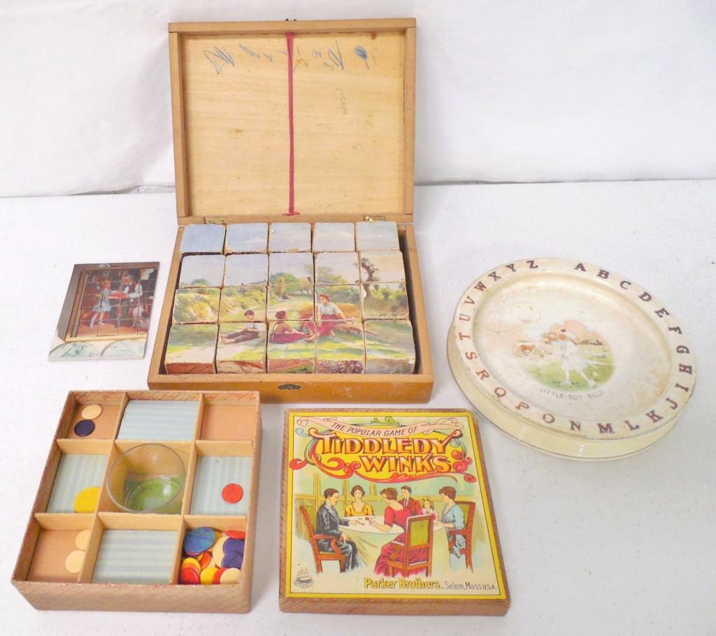 glass baby bowl, puzzle, & tiddley wink game bowl says: bowl says Little Boy Blue and shows wear, tiddley winks show wear & all pieces may not be complete