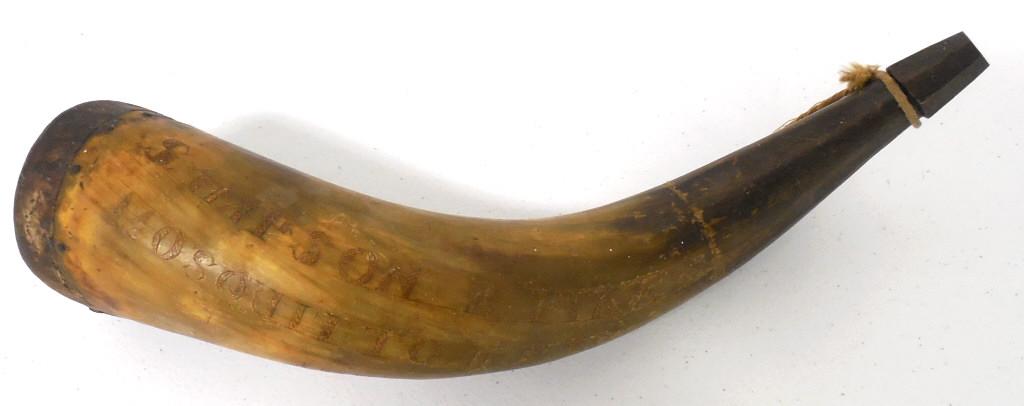 Signed Powder Horn Sampson B. Pike April !844 also: also inscribed Mosquitto and something illegible missing end plugAge & Authenticity Unknown