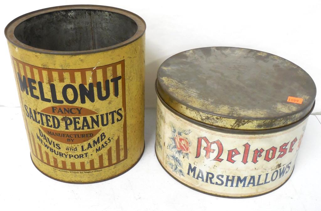 Melrose Marshmallow / Mellonut Peanuts Tins Missing lid: Missing lid on Peanut Tin as is see photos