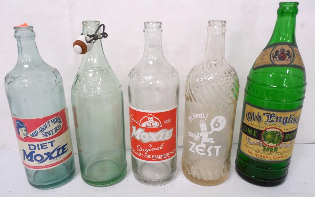 Lot of 5 One Pint Soda Bottles Moxie and Others see: see photos for names on bottles