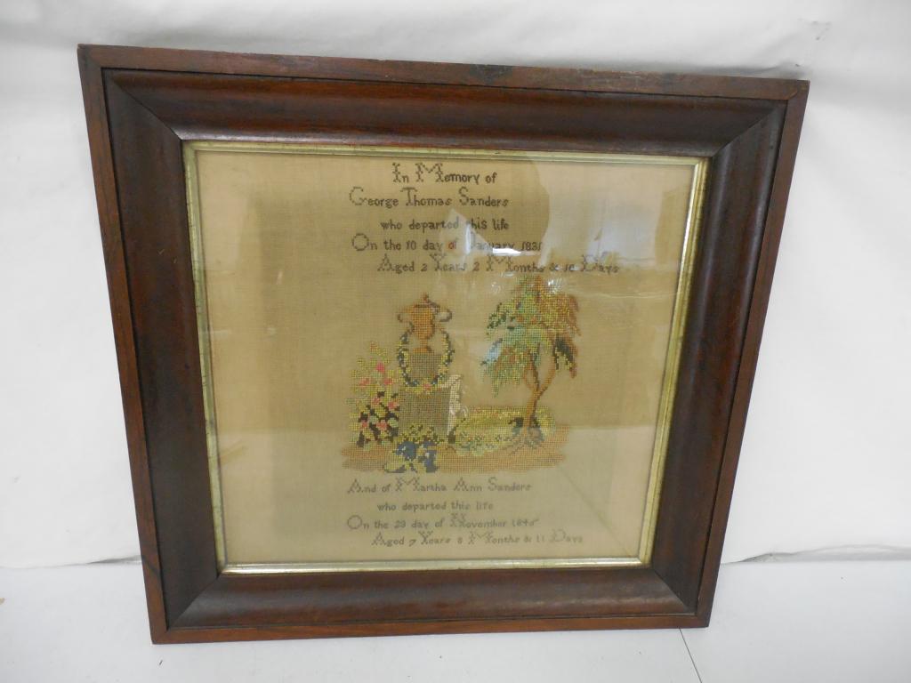 Needlepoint Death Announcement faded with age 20'' x: faded with age 20'' x 20'' Pick up or 3rd party shipping only – between $30 to $50 Dollars for packing and handling that does not include Postage/Shipping fee - Call Postal Connections at (717) 718-