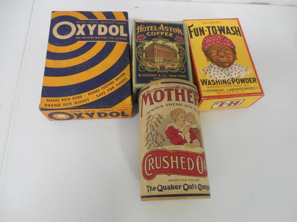 Lot of 4 Soap/Oats/ Coffee Old Boxes: coffee box damaged see photos