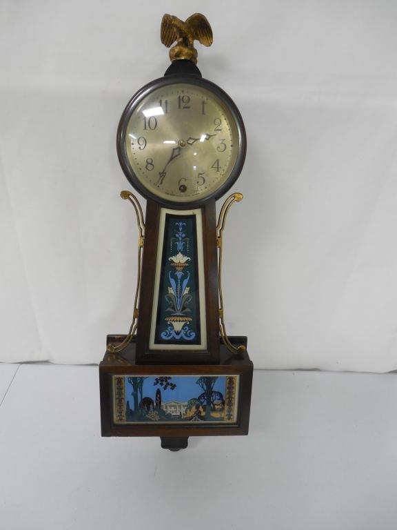 New Haven Banjo Clock w/ Reverse Paintings: key and pendulum not tested