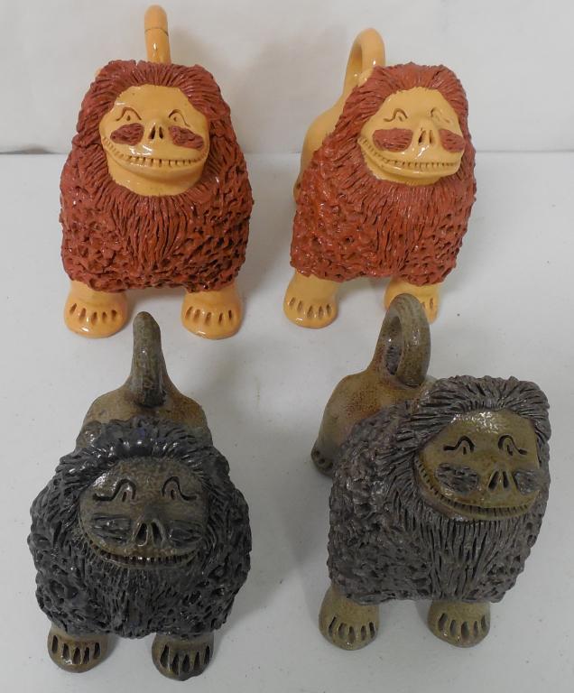 Lot of 4 Pottery Foo Dogs Only 1 is Signed: one is repaired on tail see photos