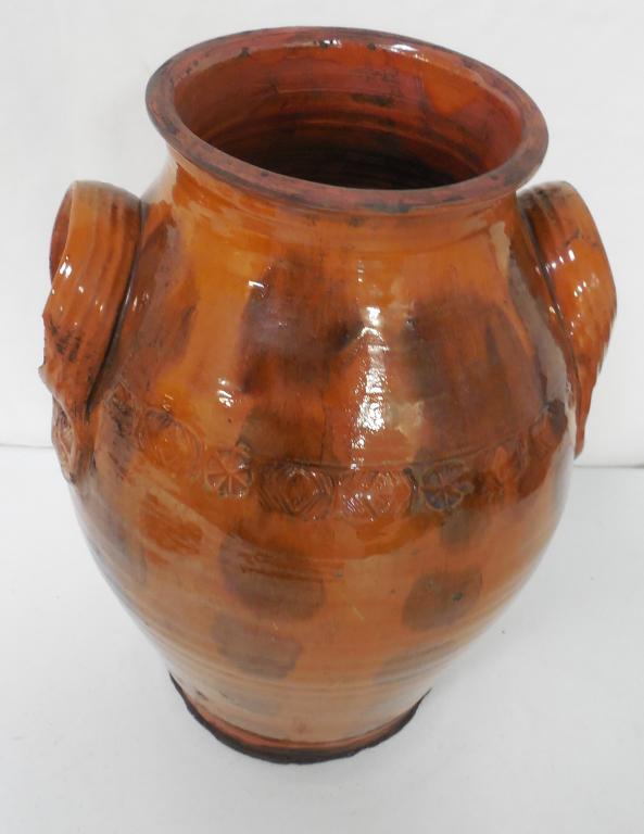 Large Redware Vase Unsigned: some chips on base and one handle see photos