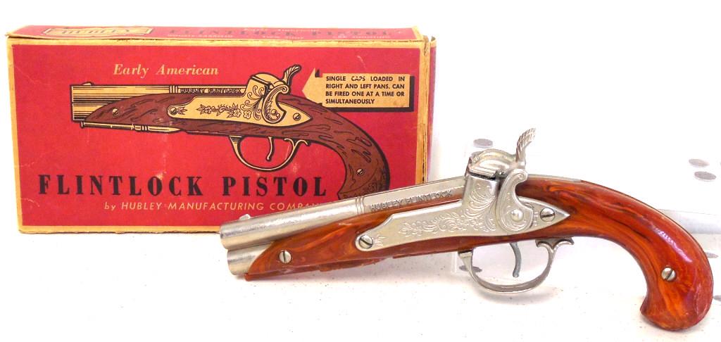 Hubley Flintlock Pistol Cap Gun w/ box: untested, plastic of gun seems to be separating, one end of box missing end flap