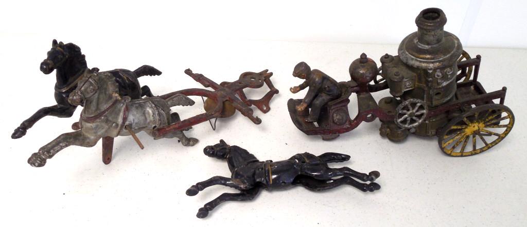 3 piece horse cart w/ driver: one horse is not attached ot the others, part of harness has broken off, paint wear throughout