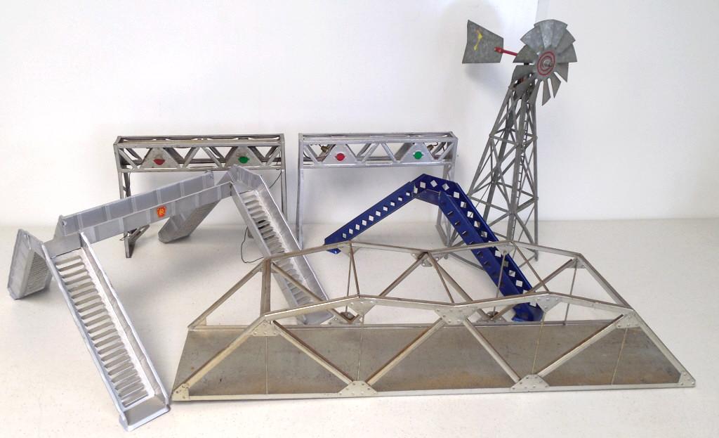 lot of 6 stairs, bridges, windmill, overhead signa: untested, all tin or metal, all with some wear, all unmarked